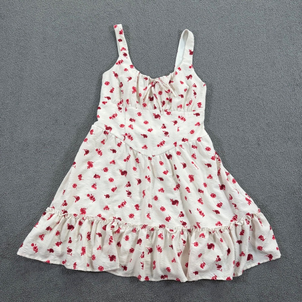 Francesca's White Red Floral Ruffle Mini Dress Tie Front Smocked Back Large